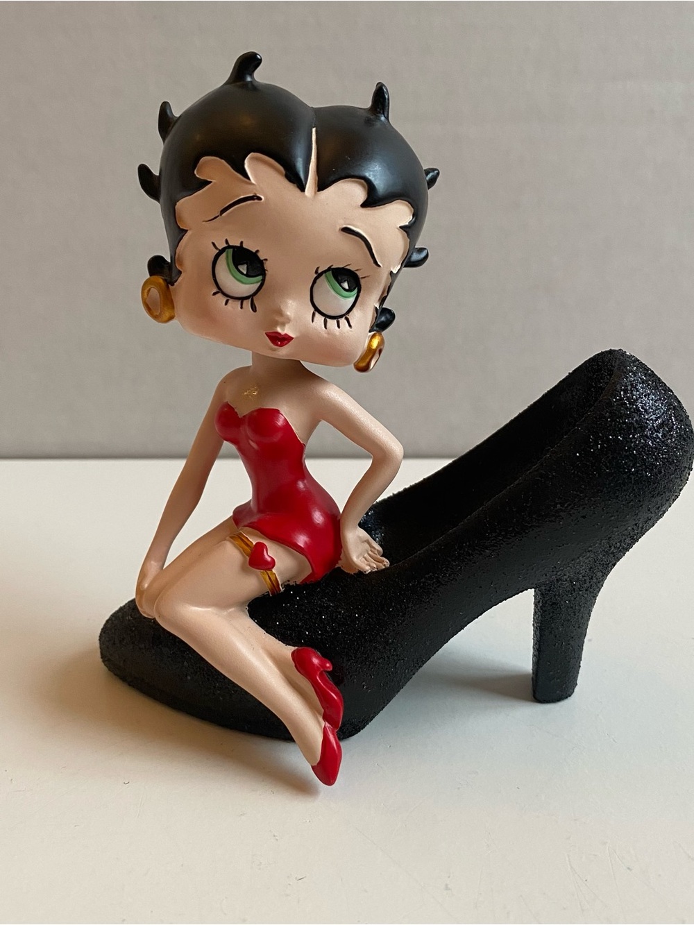 Vintage Betty Boop Bobble Head Figurine On A Glittery Black High Heel, Red Dress